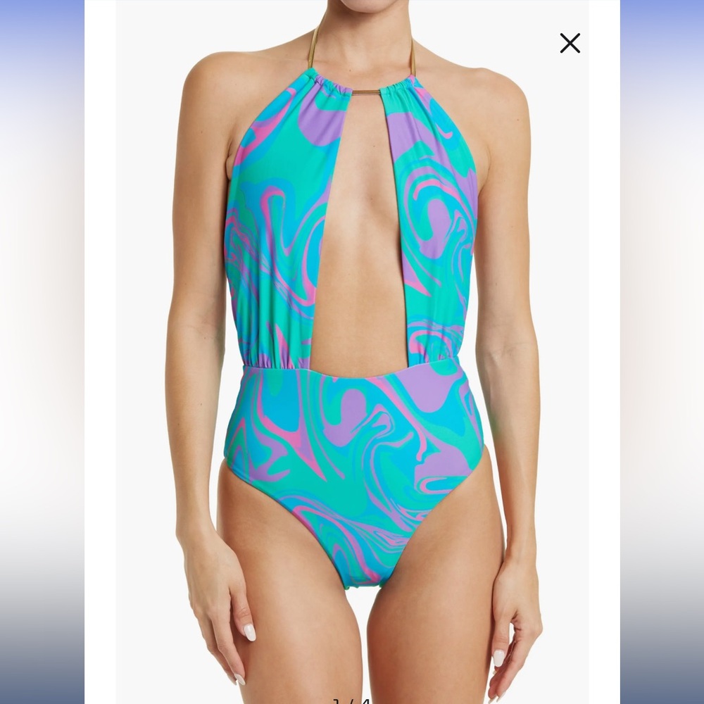 NWOT WeWoreWhat Snake Chain Necklace Plunging Halter One Piece Swimsuit, Medium - Picture 3 of 10